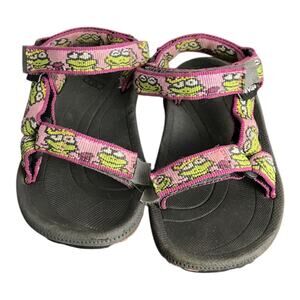 Teva Toddler Strappy Sandals Girls US6 Green Pink Frog Pattern Velcro Closures